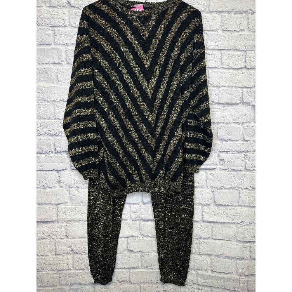 Fortune Knits Inc Vintage 80s 2 Piece Black & Gold Metallic Sweater Joggers LG